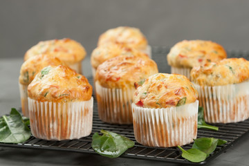 Home Baked Cheese And Vegetables Muffins With Pepper, Spinach, Sweetcorn, Mature Gouda.