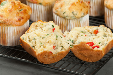 Home Baked Cheese And Vegetables Muffins With Pepper, Spinach, Sweetcorn, Mature Gouda.