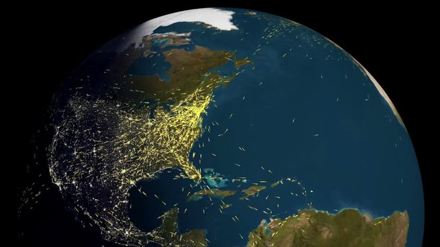 Data/information/traffic/people moving from country to country.  Imagery used with permission from NOAA, Mapping and Animation by Rebus_Prod.