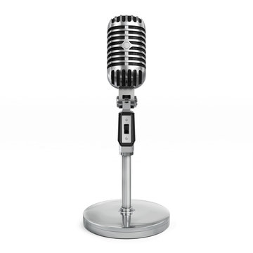 Vintage classic silver microphone with tabletop stand.Realistic 3D rendering.Isolated on white background.Front view.