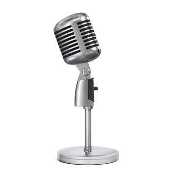 Vintage classic silver microphone with tabletop stand.Realistic 3D rendering.Isolated on white background.Side view.