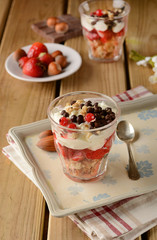 Strawberry desserts with sponge cake and vanilla cream