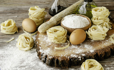 A set of products for cooking pasta with wheat flour, a selective focus