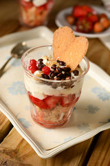 Strawberry desserts with sponge cake and vanilla cream