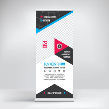 Roll up banner for business conferences, presentations, seminars, advertising, design a template to embed pictures and text, vector background
