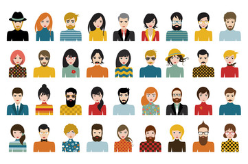 Mega set of persons, avatars, people heads  different nationality in flat style. Vector.