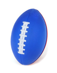 Blue and red soft foam football. Isolated. Vertical.