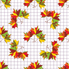 Autumn maple leaves, seamless pattern. Back to school, hello autumn background on checkered paper