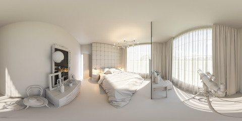 Fototapeta na wymiar 3d illustration spherical 360 degrees, seamless panorama of bedroom interior design. The bedroom is made without textures and materials. Interior in Scandinavian style 