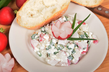 cottage cheese with chives and radish fresh bun delicious breakfast