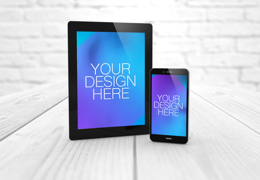 2 Devices on Wooden Surface Mockup 1