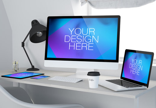 4 Devices on White Table Mockup 3