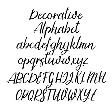 Decorative calligraphic alphabet. Handwritten brush letters. Uppercase, lowercase. Vector font