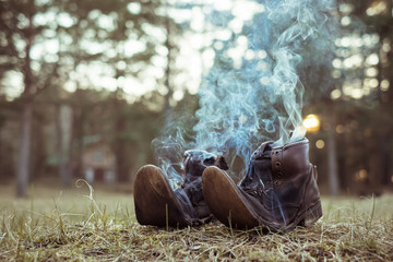 Burning shoes. Abstract composition of shoes on fire
