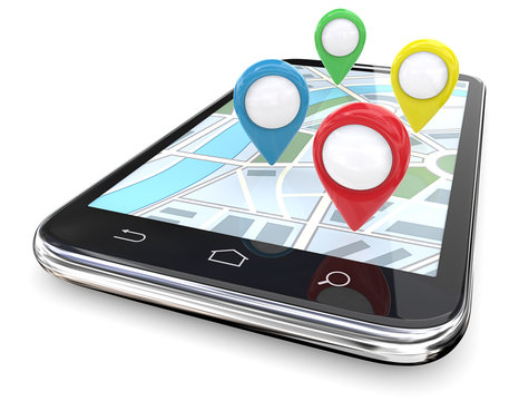 Smartphone GPS pointers. Smartphone with GPS pointers on Screen Map. Red, green, blue, yellow.  Copy Space, 3D render. 