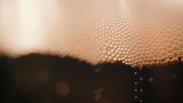 Extremely closeup shot of bubbles movement inside a glass of beer