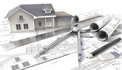 3D House on Design Sketches and Blueprints. 3D House, drawings and sketches. Rolls, Ruler, Pencil,...