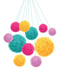 Vector Colorful Pom Poms Bunch Hanging Decorative Element. Great for nursery room, handmade cards, invitations, baby designs.