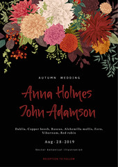 Wedding invitation. Summer and autumn flowers. Dahlias, Ruscus, Viburnum. Modern floristics. Vector illustration.
