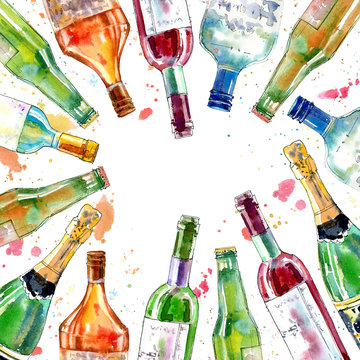 Frame of a champagne,cognac, wine,martini, beer and glass. Border of a alcohol drink and splash .Watercolor hand drawn illustration.Beverage.White background.