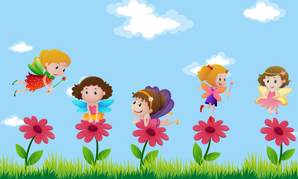 Fairies flying in flower garden