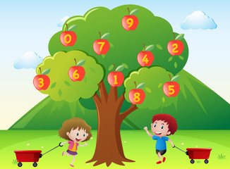 Obraz na płótnie Canvas Happy kids and numbers on apple tree