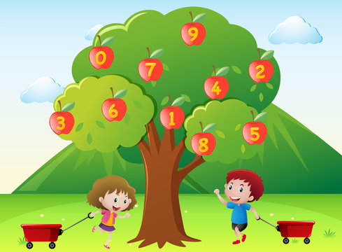 Happy kids and numbers on apple tree