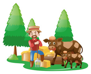 Farmer and cows in the farm