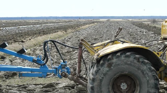 Tractor plowing land for sow seeds, sowing on arable lands. Spring preparation for crop attracts birds eating larvae after backwashing of the earth. Agricultural activities of farmers in spring.