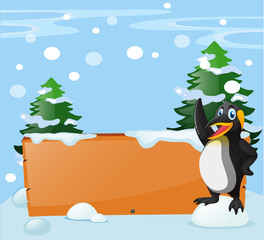Board template with penguin in snow