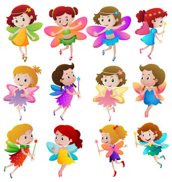 Different characters of fairies flying