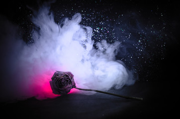 A wilting rose signifies lost love, divorce, or a bad relationship, dead rose on dark background - obrazy, fototapety, plakaty
