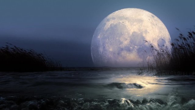 Huge fantastic moon reflecting in the lake. Version 1.