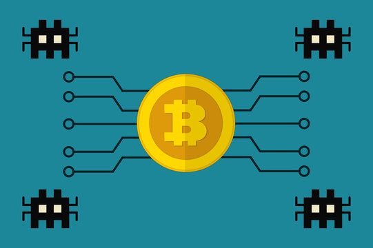 Bitcoin cryptographic currency under malware attack flat design vector
