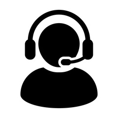 Customer Care Service and Support Icon - Vector Person Avatar with Wearing Headphone in Glyph Pictogram Symbol illustration - obrazy, fototapety, plakaty