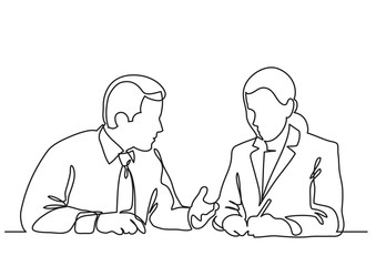 sitting businessman and business woman discussing work process - continuous line drawing