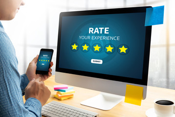 Businessman holding five star rating  Review increase rating or ranking, evaluation and...