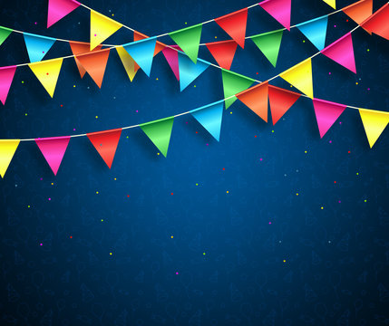 Streamers background design with birthday patterns and colorful confetti for birthday party and other celebrations. Vector illustration.
