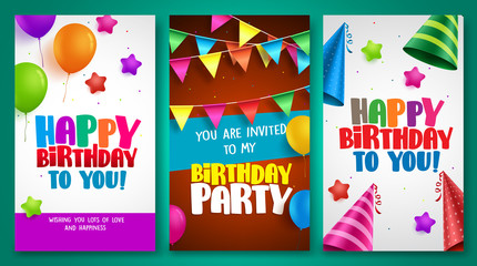 Happy birthday vector poster designs set with colorful elements like balloons and birthday hats for birthday party and other celebrations. Vector illustration.
