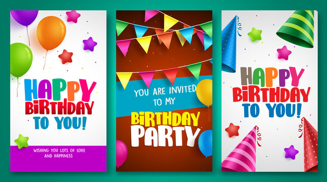Happy birthday vector poster designs set with colorful elements like balloons and birthday hats for birthday party and other celebrations. Vector illustration.
