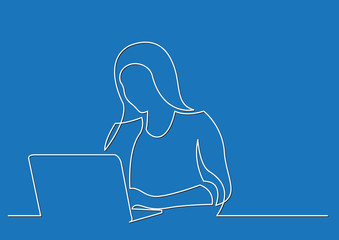 woman working on laptop computer - continuous line drawing