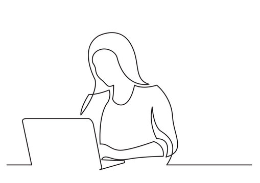 woman working on laptop computer - continuous line drawing