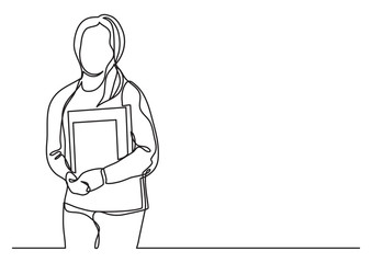 female student with books - continuous line drawing