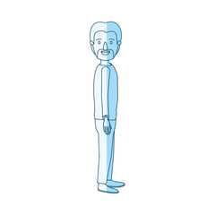 blue silhouette shading cartoon full body male person with beard and moustache looking to side vector illustration