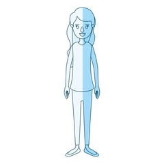 blue silhouette shading cartoon full body woman with wavy long hair vector illustration