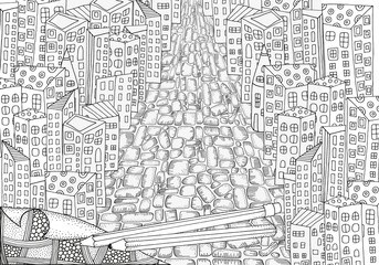 Pattern for coloring book with artistically city houses. Magic City.