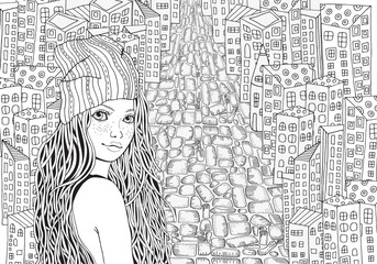 Girl in a knitted cap. Pattern for coloring book. City houses. Street background. Vector sketch.