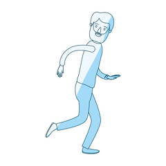 Fototapeta na wymiar blue silhouette shading cartoon full body man with beard and moustache running vector illustration