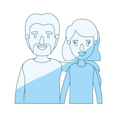 blue silhouette shading caricature half body couple woman with short hair and bearded man vector illustration