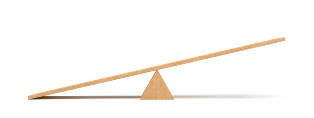 3d rendering of a light wooden seesaw with the left side leaning to the ground on white background.